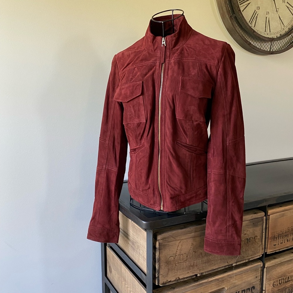 NWOT; Lucky Brand Suede Scuba Leather Jacket - Rusty Red ; Size S.